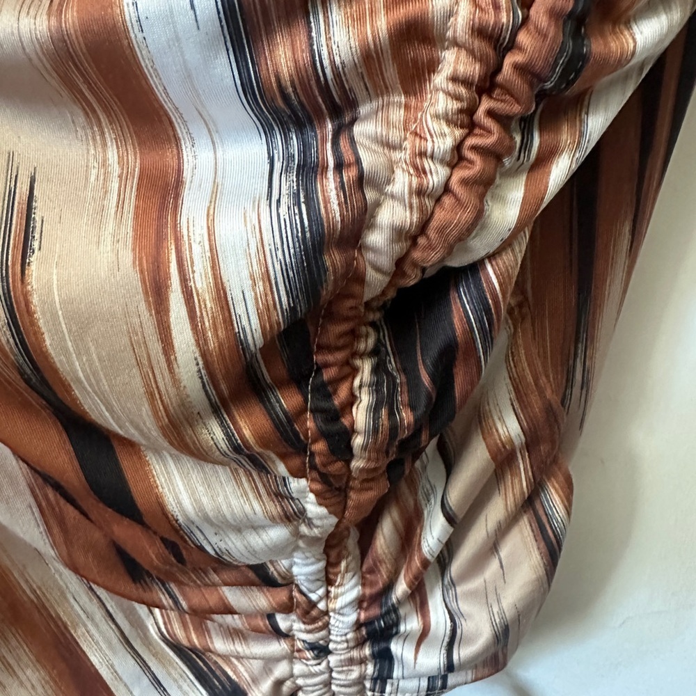 Madden NYC Side Ruched Tie-Detail Satin Slip Dress in Brown Multi - Picture 5 of 9